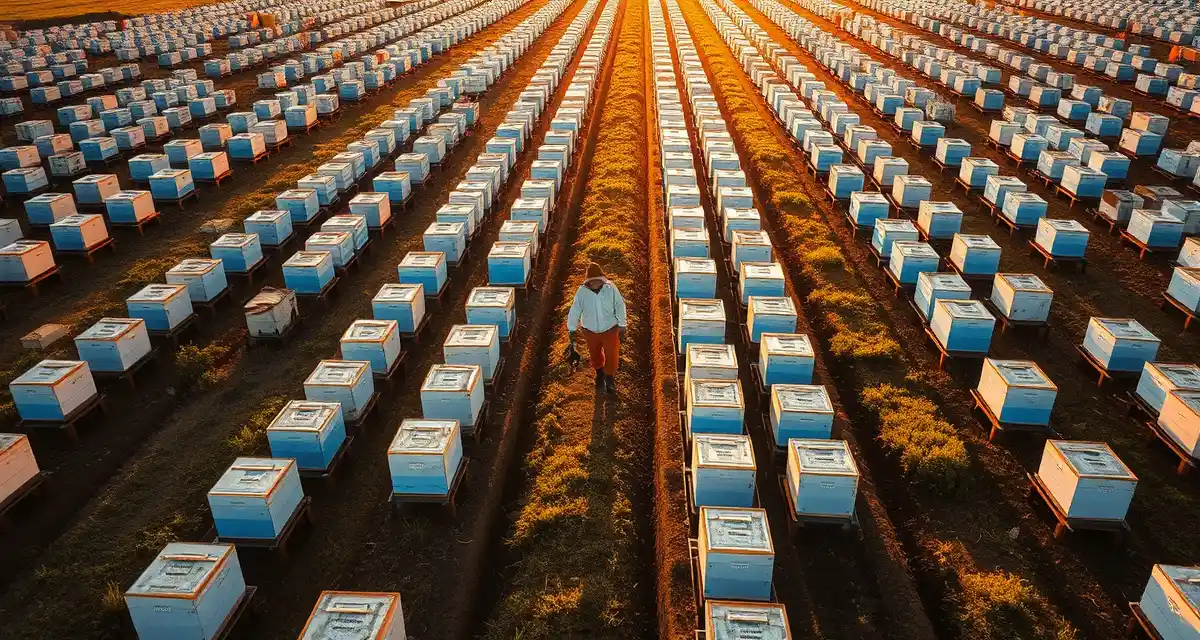 Professional apiary scale operation management Aerial view of organized 1000-hive commercial beekeeping operation with rows of white hive boxes in agricultural setting