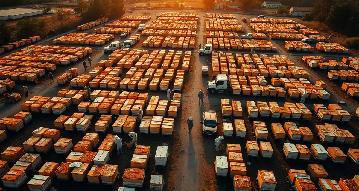 Large-scale pollination operation management Commercial beekeeper managing 1000 hives across multiple apiaries with organized equipment and logistics systems