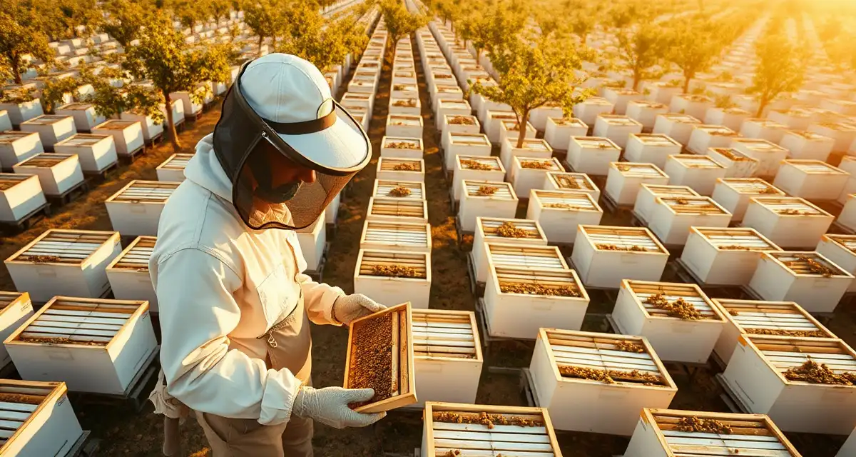 Large-scale apiary management for commercial pollination Commercial beekeeping operation with 1000 hives showing organized white boxes in almond orchard during pollination season