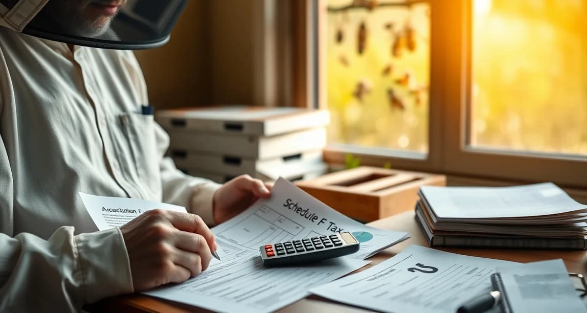Beekeeping business tax and accounting documentation Commercial beekeeping business owner reviewing Schedule F tax forms and financial records for farm accounting