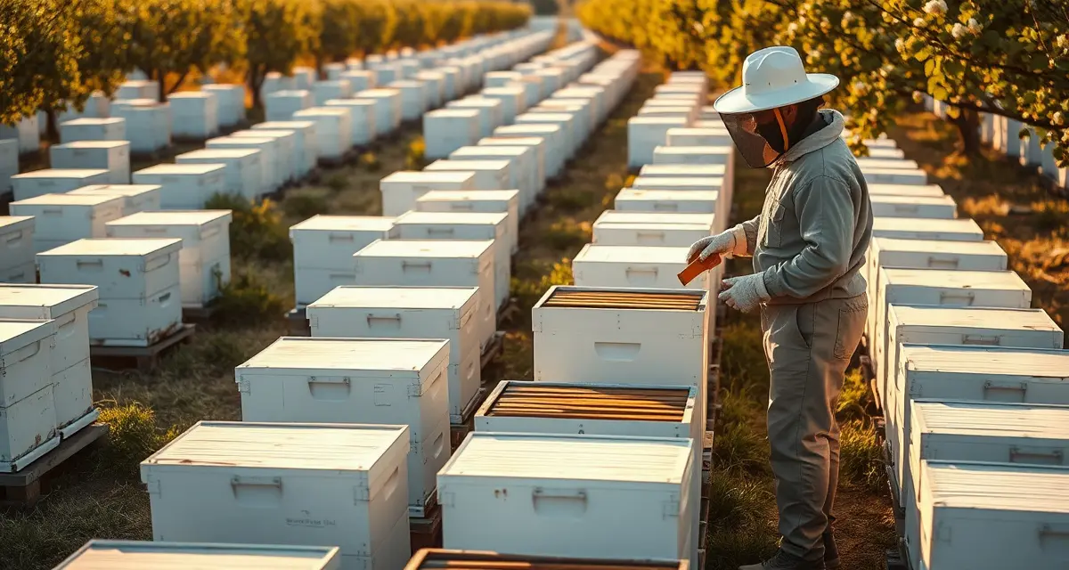 Strategic hive positioning for almond season exit planning Commercial beekeeping hives arranged in California almond orchard during post-pollination exit period planning.