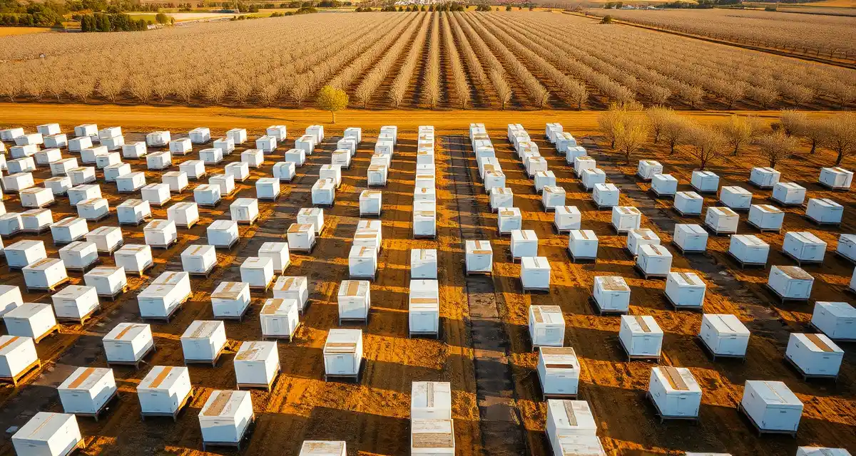 California commercial bee operation during almond pollination season Aerial view of commercial beekeeping operation with organized hive boxes in California almond pollination region