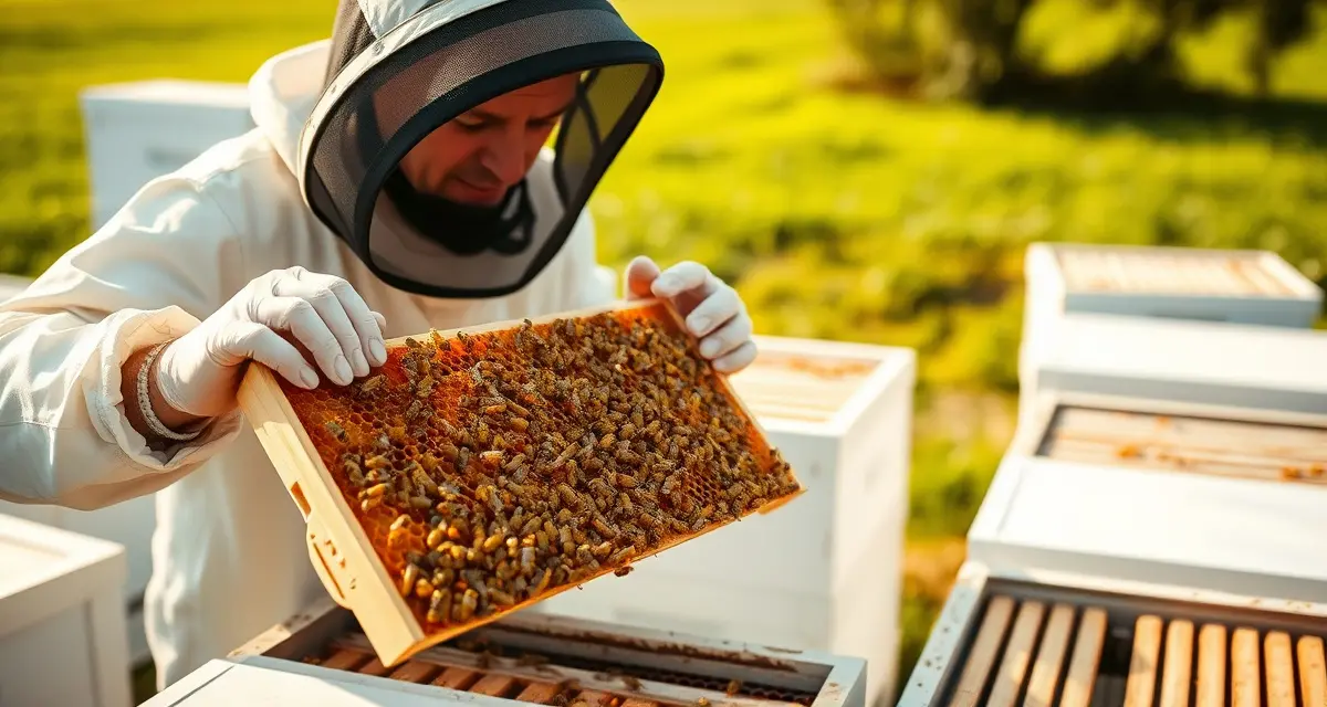 Sustainable beekeeping practices for premium market positioning Commercial beekeeper inspecting honeycomb frame in sustainable apiary operation demonstrating environmental credentials