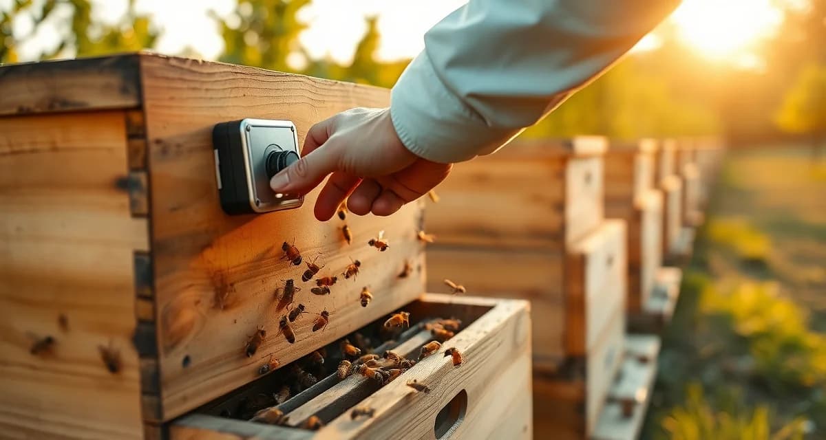PollenOps acoustic monitoring technology for colony health Beekeeper using acoustic AI monitoring sensor on commercial hive for colony health assessment and varroa detection