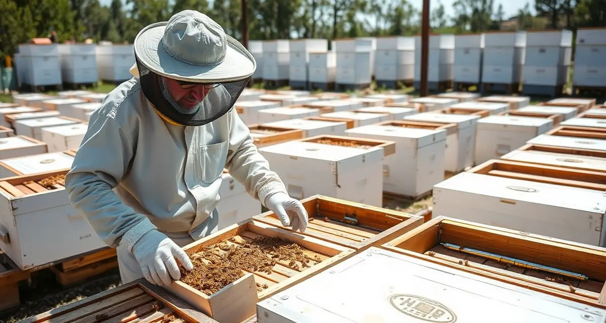 Beekeeping equipment and hive infrastructure requiring insurance protection Commercial beekeeper inspecting frames and boxes, representing valuable equipment requiring proper insurance coverage for beekeeping operations.