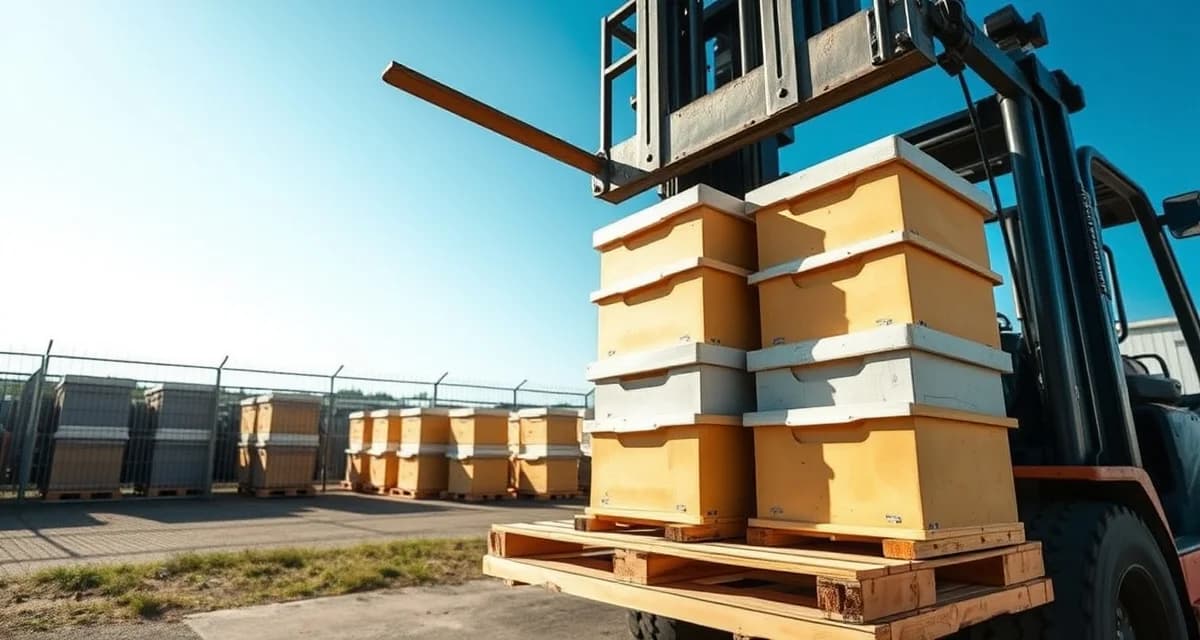 Industrial bee hive pallet loading efficiency Forklift loading standardized bee hives onto compatible pallets for efficient commercial beekeeping yard management and transport operations.