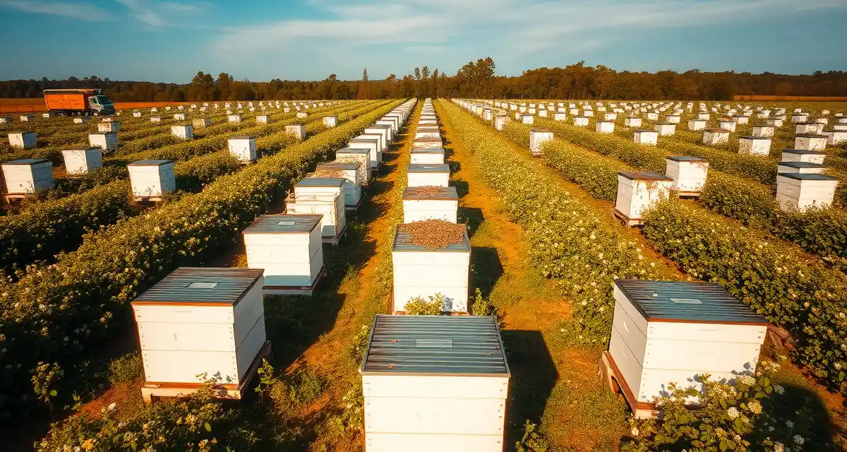 Beehives positioned for multi-state fruit crop circuit pollination Commercial beehives organized in rows across a Southeast fruit orchard during spring pollination season for blueberries and apples.