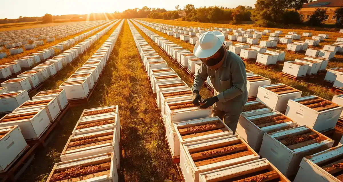 Large-scale commercial bee hive operation management Commercial beekeeping operation with organized white hives in agricultural field showing modern pollination logistics management