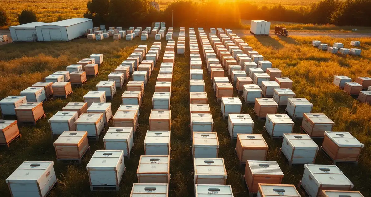 Scaled beekeeping operation showing software-enabled growth from 400 to 1,200 hives Commercial beekeeping operation with 1,200 hives organized in rows, demonstrating scalable bee logistics and PollenOps management.