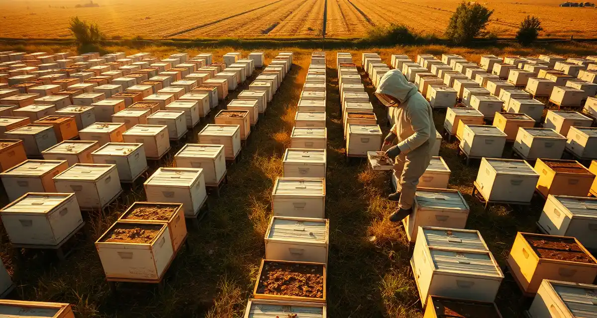 Scaling a commercial beekeeping operation from 50 to 1000 hives Commercial beekeeping operation showing multiple hives arranged in rows with beekeeper managing scaled pollination business