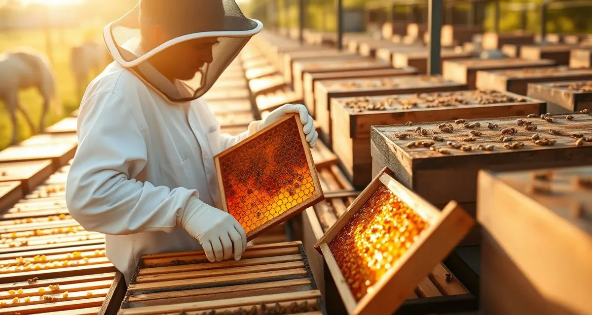 Dual income beekeeping operation combining honey and pollination services Commercial beekeeper managing honey production and pollination hives in organized apiary operation with multiple frames visible
