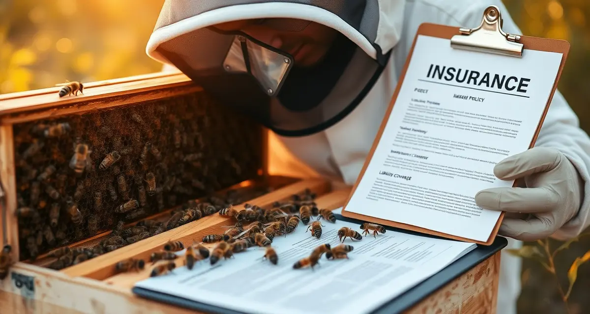 Professional liability coverage for commercial pollination Beekeeper reviewing commercial beekeeping business insurance policy documents next to active honeybee hive
