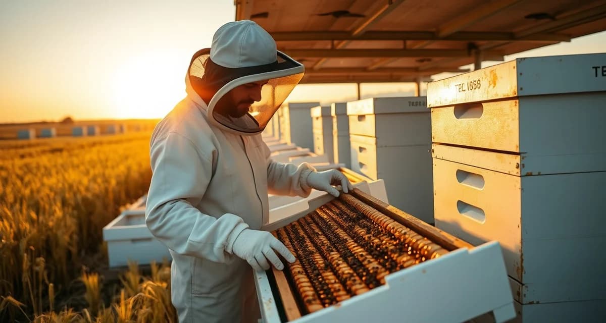 Iowa Commercial Apiary Operations Commercial beekeeper inspecting honeycomb frames in an Iowa apiary with multiple bee boxes in agricultural field