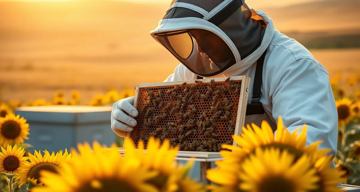 Kansas Commercial Pollination Operations Commercial beekeeper inspecting a honey bee colony in Kansas with sunflower fields and wildflowers in the background.