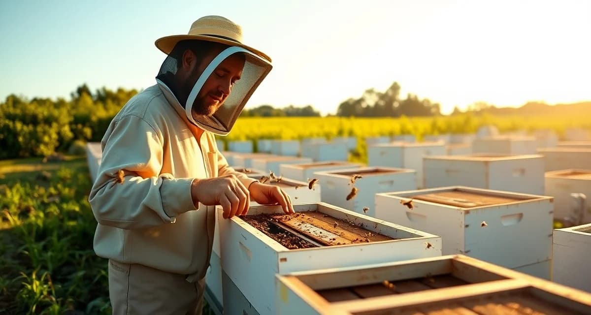 Mississippi commercial apiary operations and bee logistics Commercial beekeeper inspecting multiple white hive boxes in a Mississippi apiary during golden hour with lush forage in background.