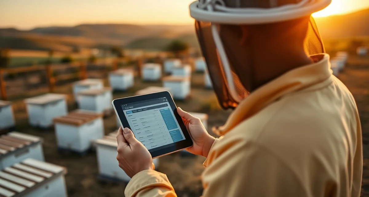 Field operation management with beekeeping software Beekeeper using PollenOps mobile app on tablet to manage hive data in commercial apiary yard with offline capability