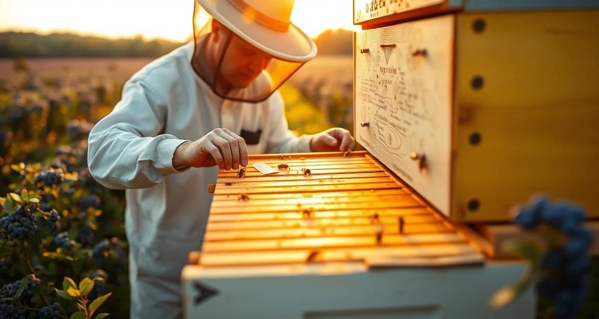 New Jersey Commercial Pollination Operations Commercial beekeeper inspecting hive frames in a New Jersey blueberry field during pollination season