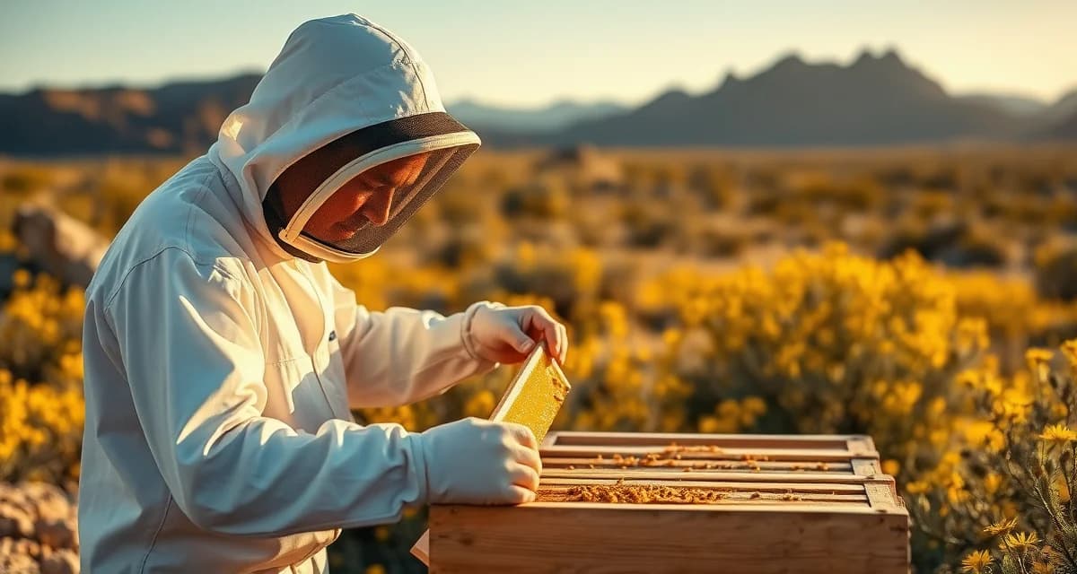 Professional bee logistics and pollination operations in New Mexico Commercial beekeeper inspecting honey frames in New Mexico apiary with desert mountains and wildflower forage in background