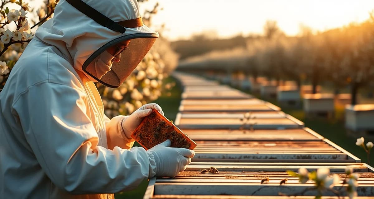 Apple orchard pollination with commercial honey bees Commercial beekeeper inspecting honeybee hive in New York apple orchard during pollination season with blooming apple trees in background