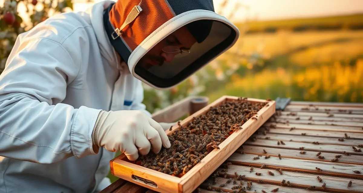 Ohio commercial beekeeping and pollination operations Commercial beekeeper inspecting honey frames in Ohio orchard during pollination season with wildflowers blooming nearby.