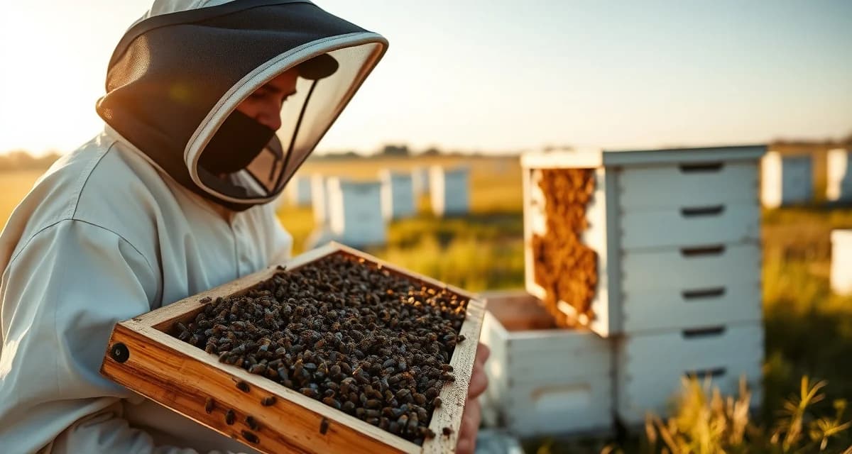 Professional beekeeper managing commercial hive operations Commercial beekeeper inspecting a frame of honeybees from a managed hive in a professional pollination operation