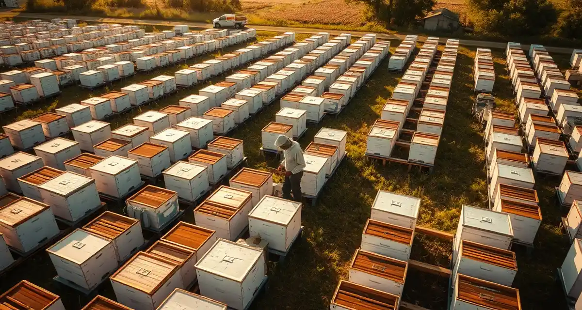 Large-scale commercial pollination hive management Organized commercial beekeeping operation with hundreds of hives arranged in systematic rows for pollination logistics management