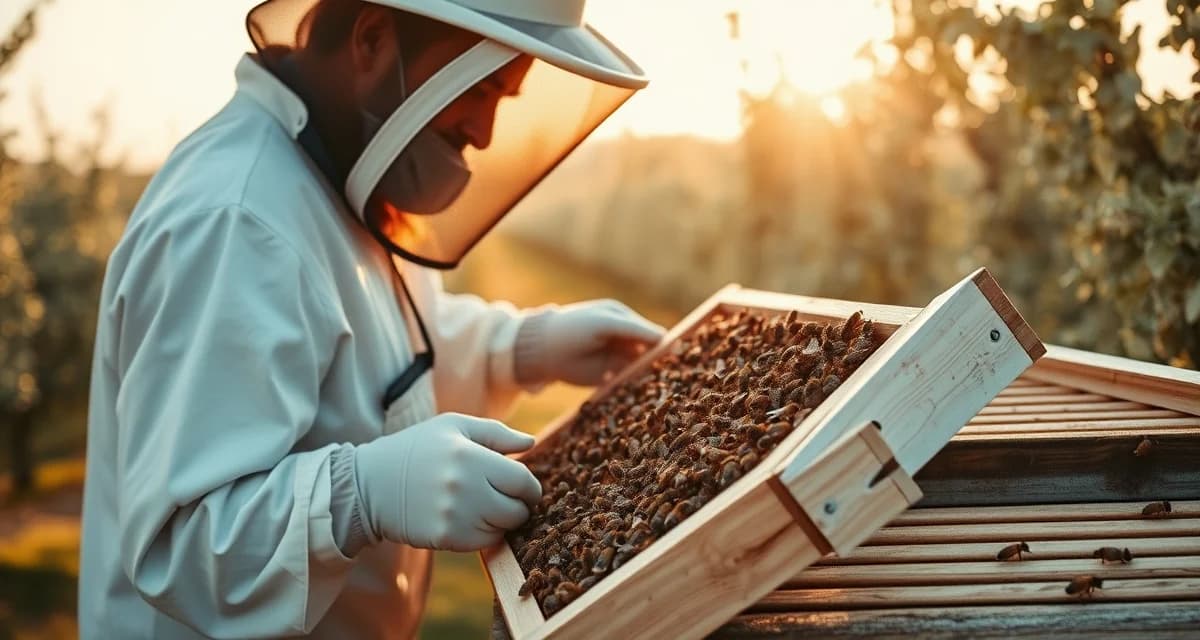 Commercial beekeeper managing hive for pollination services Beekeeper inspecting honeybee frame during pollination service in almond orchard for commercial operations.