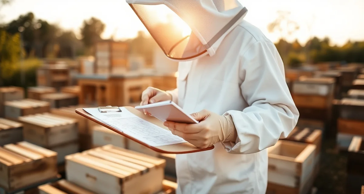 Professional record keeping in commercial beekeeping operations Beekeeper reviewing commercial beekeeping records and inspection documentation at an apiary yard