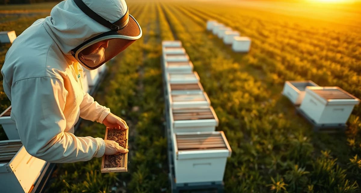 Professional beekeeper managing commercial hive operations Commercial beekeeper inspecting multiple hives in organized rows, representing beekeeping software management for large-scale operations.