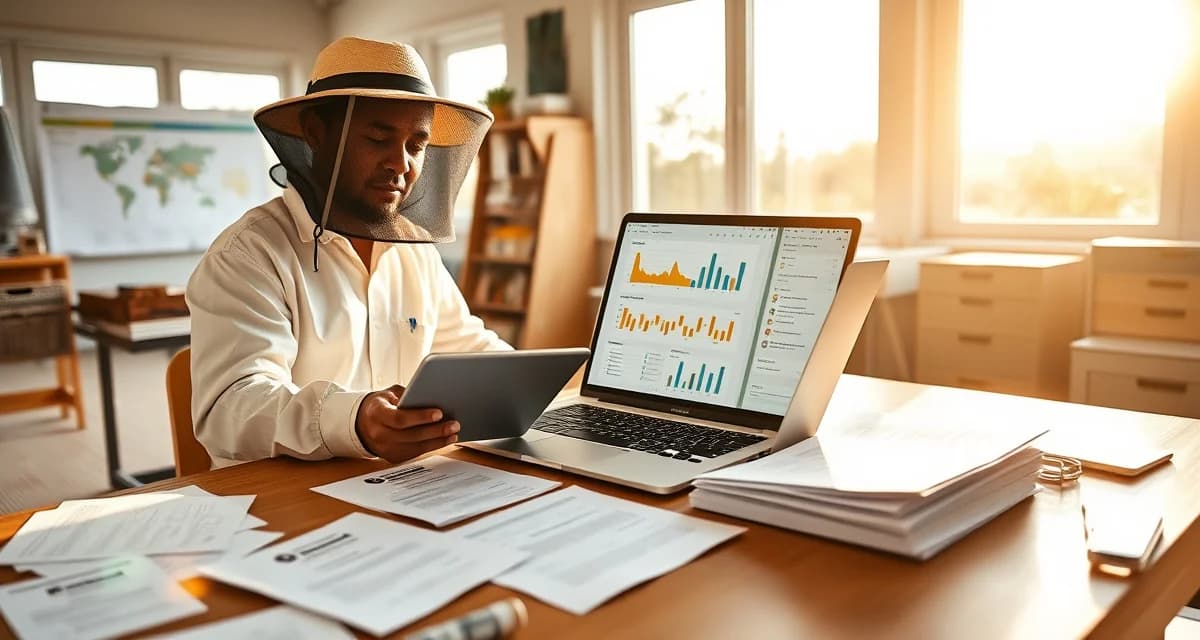 Efficient beekeeping operations management software workflow Beekeeper reviewing commercial pollination data on laptop showing PollenOps software dashboard vs traditional spreadsheet methods.