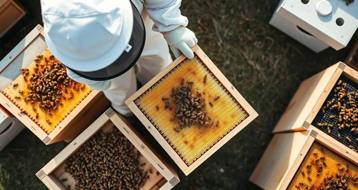 Strategic beekeeping split management techniques Commercial beekeeper managing honeybee splits in hive boxes during spring buildup for colony growth and pollination operations.