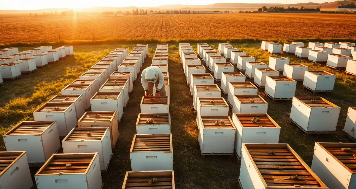 Large-scale commercial apiary with multiple hive boxes Commercial beekeeping operation with 500 hives showing organized apiary setup, equipment, and bee boxes for startup planning