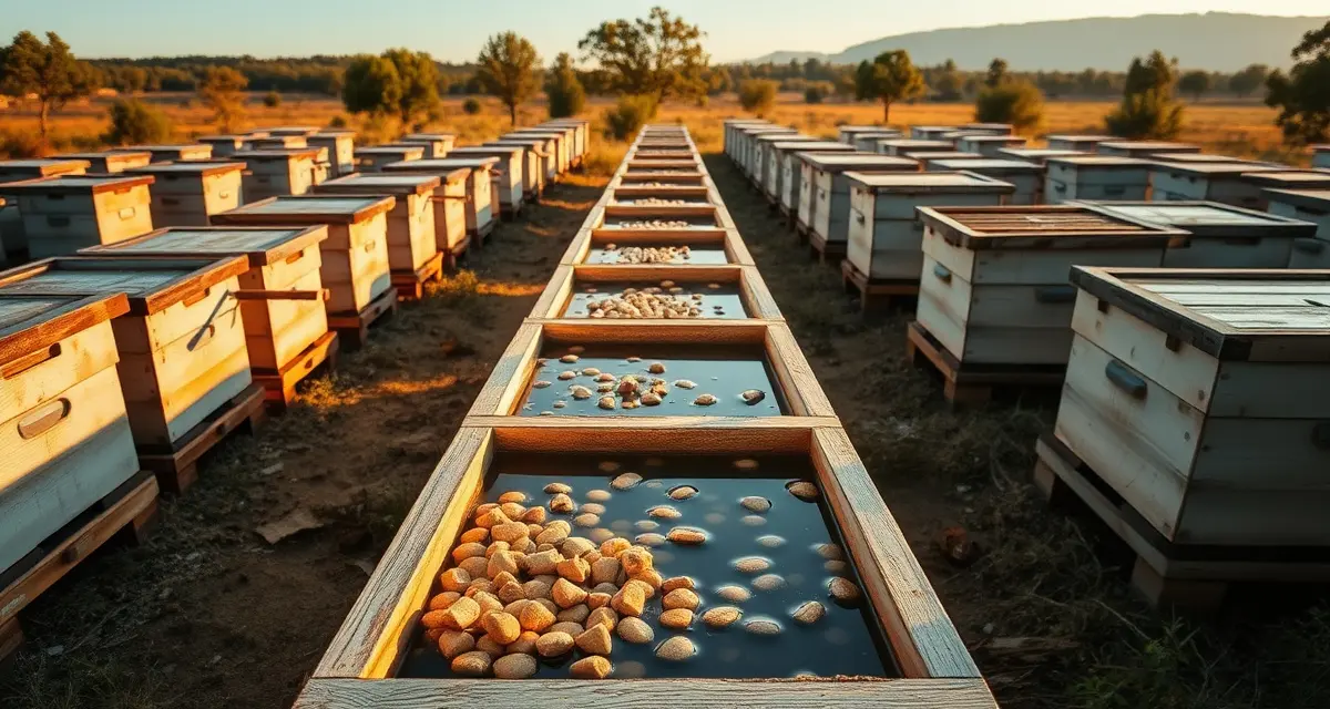 Strategic water placement in commercial bee yards Commercial beekeeping water station with shallow trough positioned near apiaries for proper forager hydration management