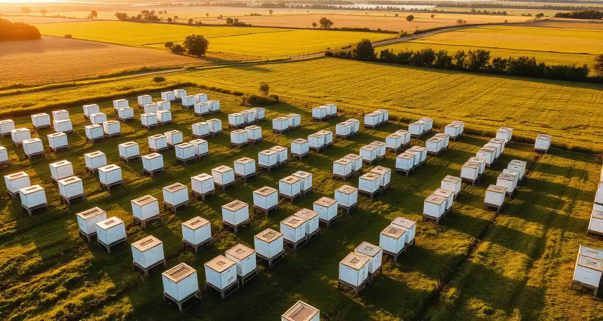 Professional apiaries yard layout for commercial beekeeping Organized beehive yard site showing proper placement and spacing for commercial pollination operations management