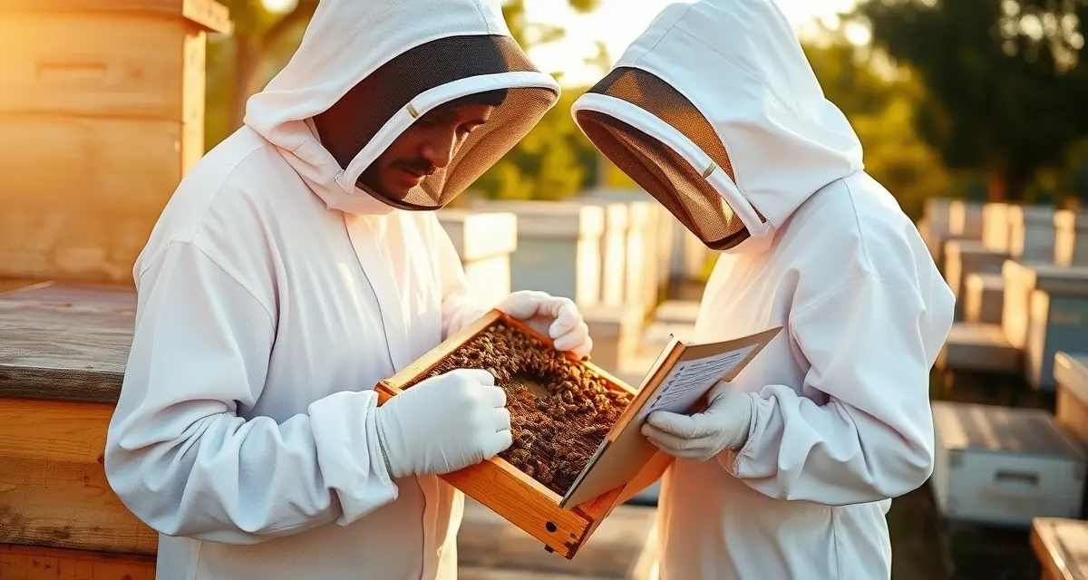 Professional hive assessment for commercial pollination operations Beekeeper performing standardized hive health scoring inspection on commercial colony with assessment documentation clipboard