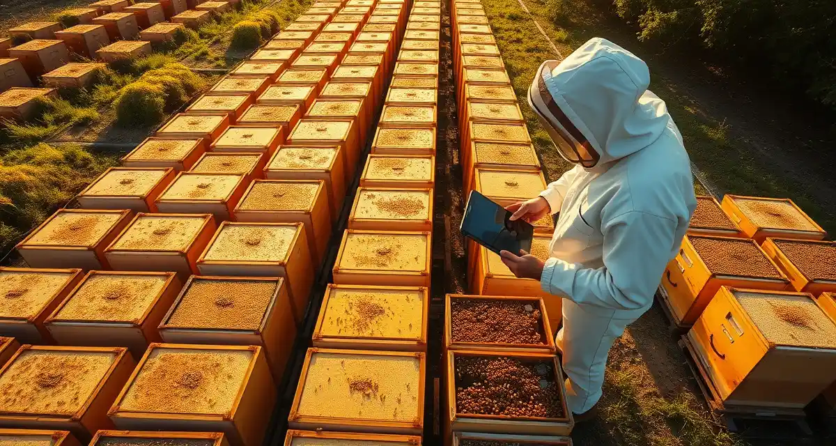 Hive inventory tracking for commercial pollination logistics Commercial beekeeper managing hive inventory across multiple pollination contracts using digital tracking system in apiary