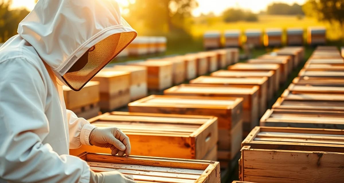 Professional hive rental income business model visualization Commercial beekeeper inspecting rental hive boxes in organized apiary operation for pollination services