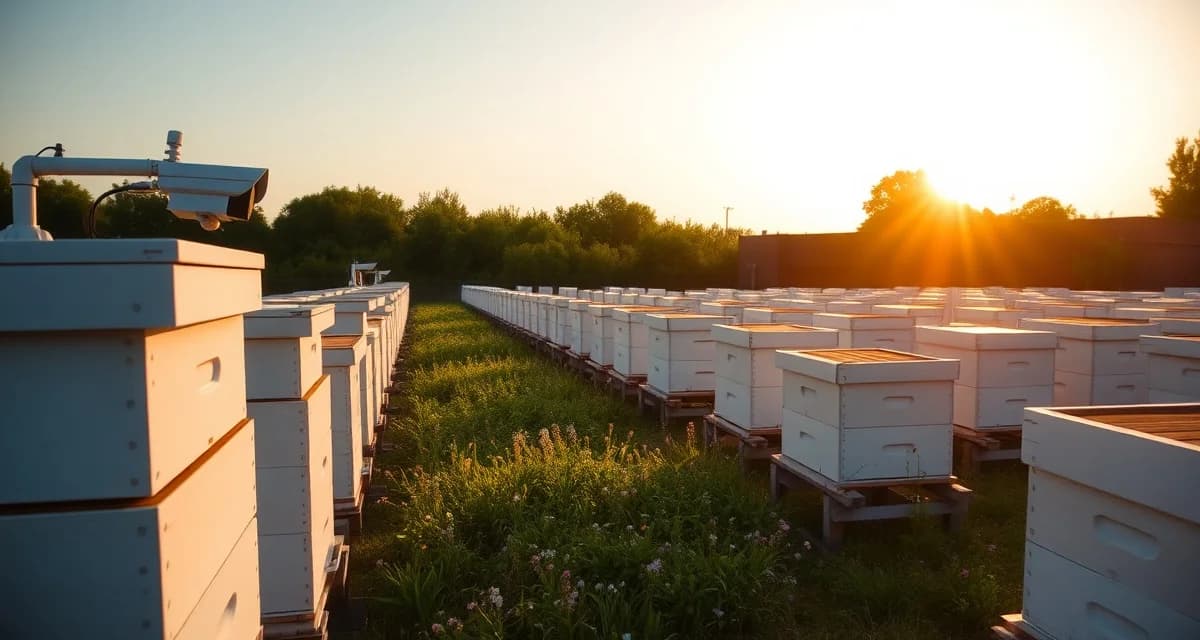Modern beekeeping security system protecting valuable commercial hives Organized commercial beehive yard with GPS tracking security measures and protective fencing for hive theft prevention