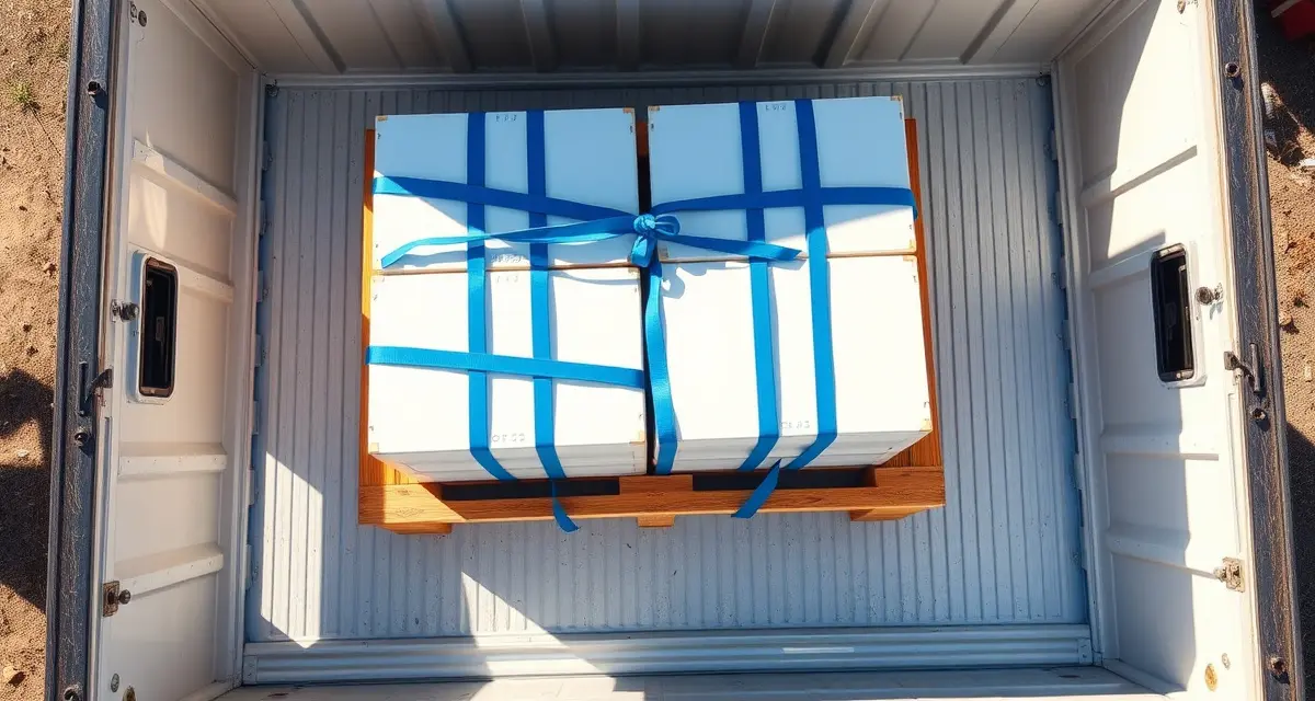 Secure hive pallet configuration for commercial bee transport Properly secured hive boxes stacked on pallets in commercial truck bed with blue straps demonstrating DOT-compliant hive transport loading procedures.