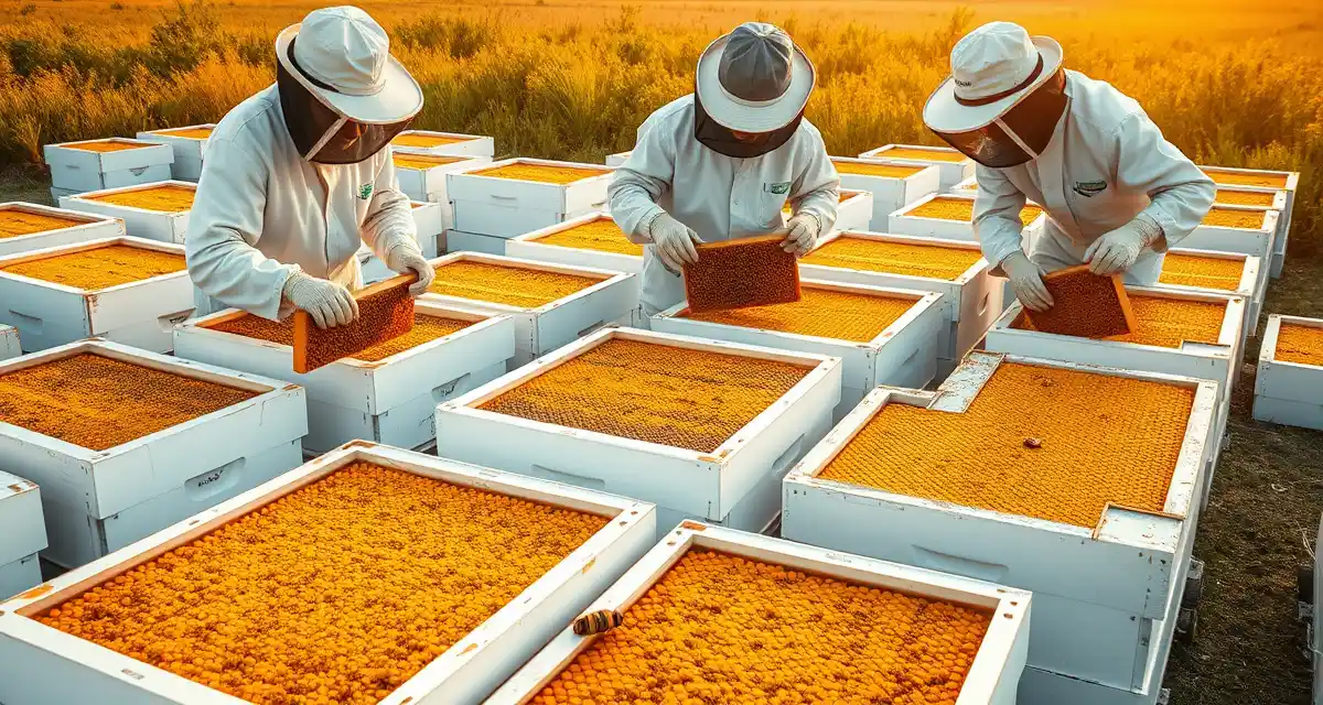 Professional honey coop beekeeping operation Commercial beekeepers inspecting honey frames in organized apiary with multiple white hive boxes for co-op operations