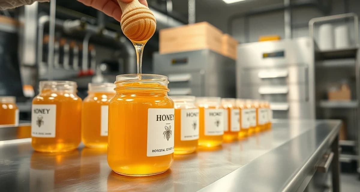 Honey packaging and labeling compliance Commercial honey packing operation showing FDA-compliant labeling and packaging requirements for beekeeping businesses