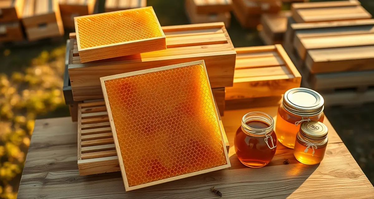Honey pricing channels and margins for commercial beekeepers Golden honeycomb frames and jarred honey representing commercial honey pricing strategy for beekeeping operations