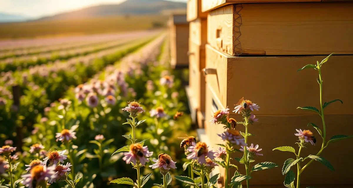 Bee colony providing pollination services for Oregon peppermint production Commercial beehives pollinating peppermint flowers in Idaho specialty crop field during peak bloom season