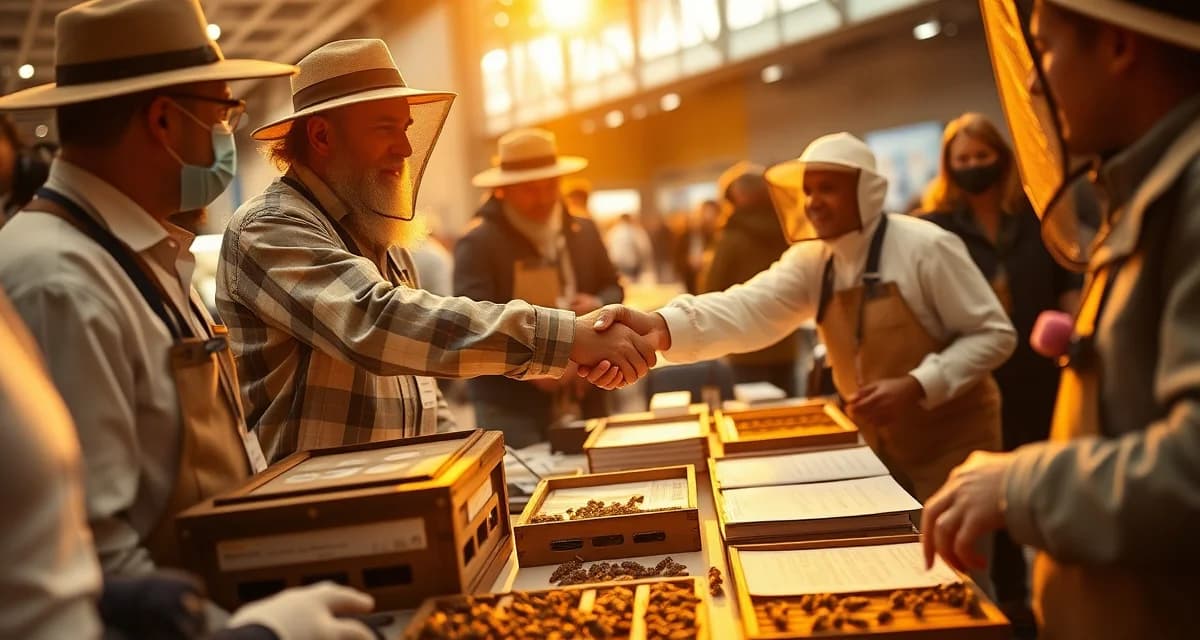 Pollination industry networking and business relationship building Commercial beekeepers networking and discussing pollination contracts at a professional grower association meeting event