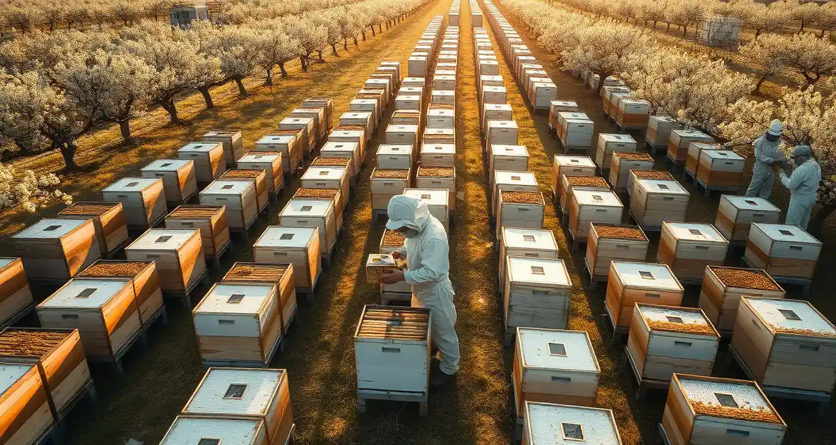 Professional commercial pollination operation management Commercial beekeeping operation with organized hives in pollination service business setup showing professional bee logistics management