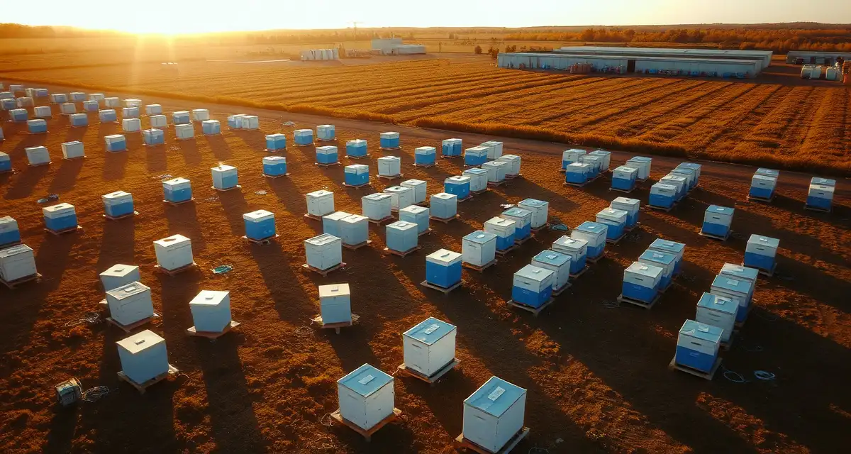 Professional bee hive operation contract logistics Aerial view of 400-hive commercial pollination operation organized across multiple yard locations for efficient contract management