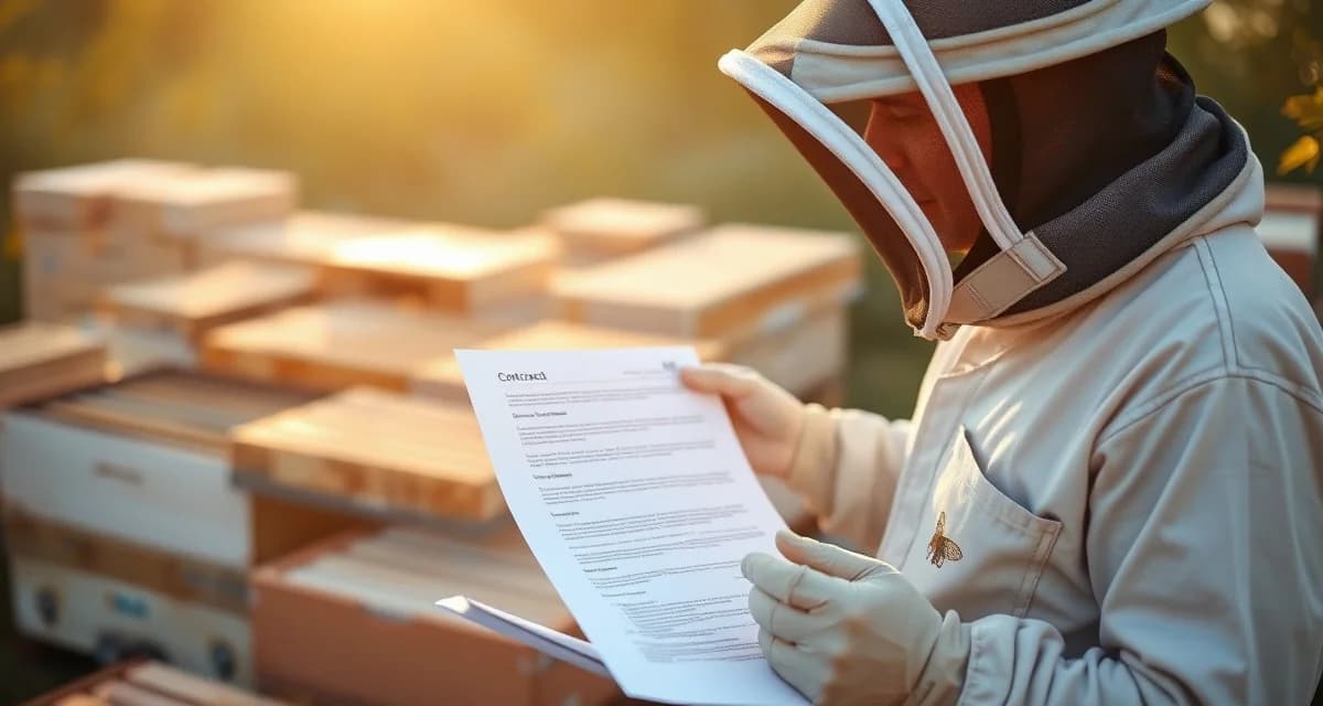 Professional contract management for commercial bee operations Commercial beekeeper reviewing pollination contract with hive boxes visible in professional apiary setting