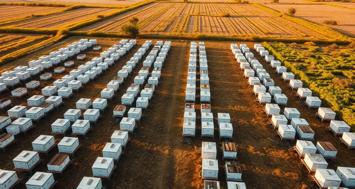 PollenOps hive scaling case study Organized commercial beehive yard showing hundreds of hives arranged in rows for scaling pollination operations from 200 to 2000 hives.
