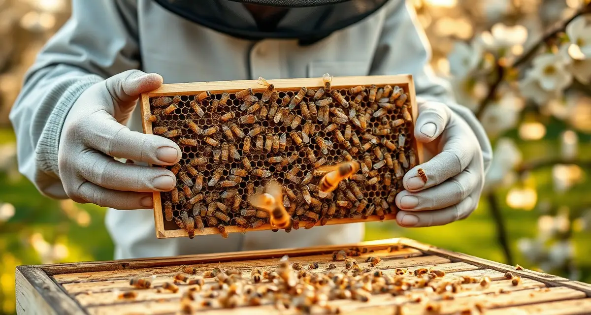 Spring colony inspection for apple orchard pollination contracts Commercial beekeeper inspecting a strong colony during spring apple pollination season in New Hampshire orchard