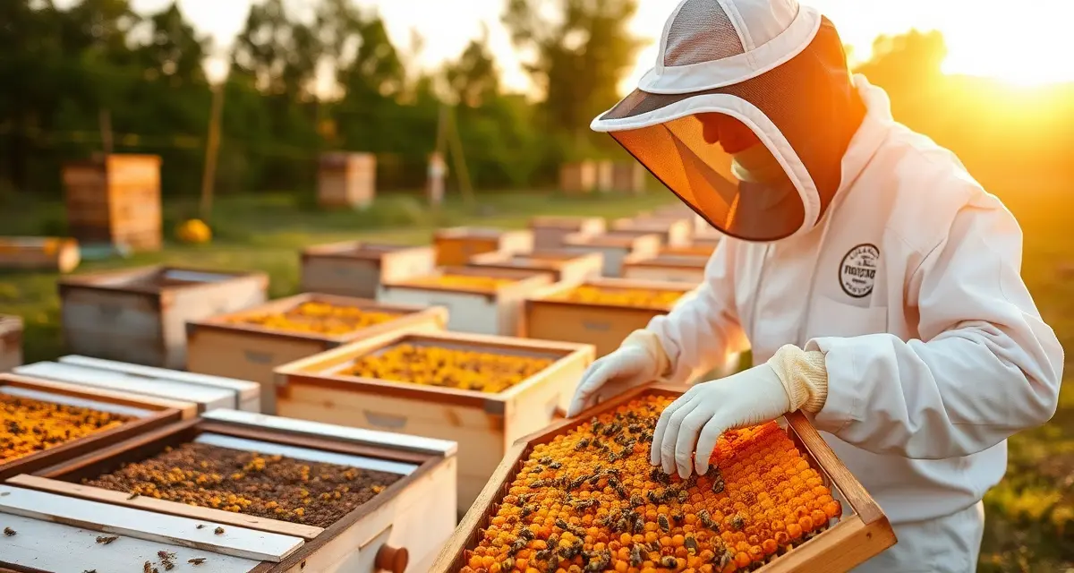 Expert pollination pricing strategy for commercial beekeepers Commercial beekeeper inspecting honeycomb frames during pollination service operations with multiple hives in background